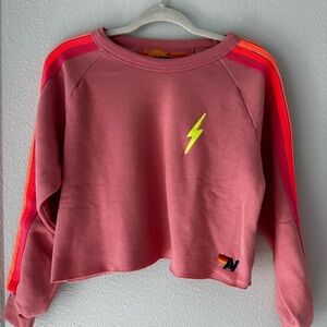 Women's Pink/Peach Aviator Nation Cropped Sweater with Lightning Bolt